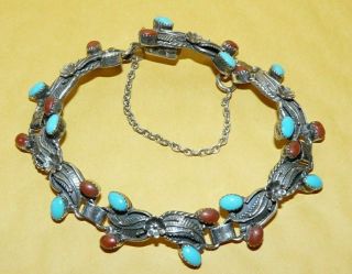 Vtg Native Zuni Signed Pd Coonsis Sterling Silver Turquoise Coral Cuff Bracelet