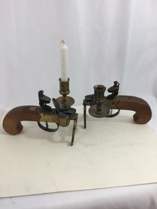 2 Vintage Tinder Pistol Table Lighters With Candle Holders - Made In Italy