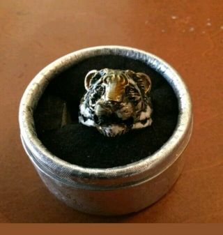 Rare Big Cat Sterling Silver Enamel Realistic Tiger Head,  Lion Ring Sz 9