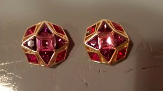 Vtg Christian Dior Signed Gorgeous Pink Rhinestone Gold Tone Clip - On Earrings