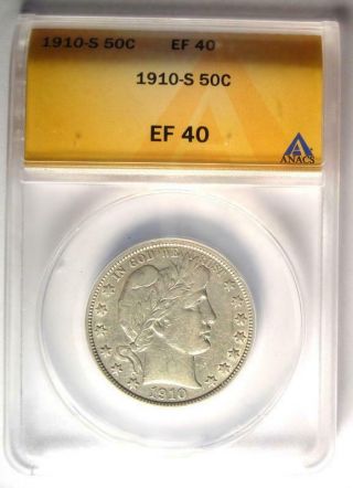 1910 - S Barber Half Dollar 50C - ANACS XF40 - Rare Date - Certified Coin 2