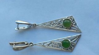 Vintage Russian Sterling Silver 925 With Jade Stone Long Earrings 2