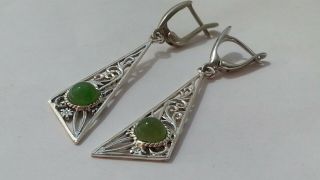 Vintage Russian Sterling Silver 925 With Jade Stone Long Earrings 5