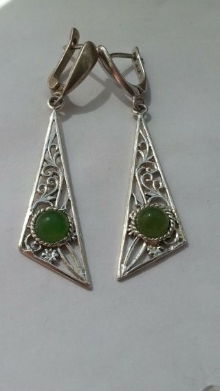 Vintage Russian Sterling Silver 925 With Jade Stone Long Earrings 8