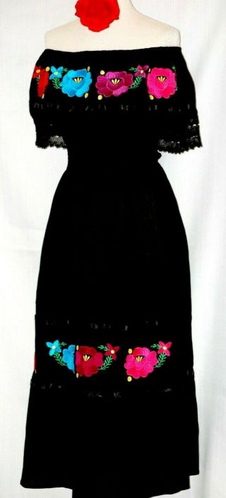 5 De Mayo Black Mexican Dress Off Shoulder Ruffle Floral Embroidery Vtg Plus Sz