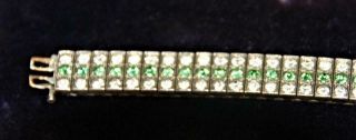Art Deco Diamonbar Triple Row Green Clear Rhinestones Sterling Silver Bracelet