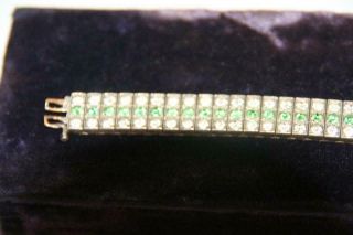 Art Deco Diamonbar Triple Row Green Clear Rhinestones Sterling Silver Bracelet 8