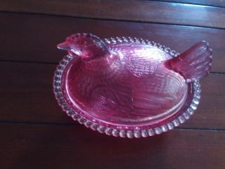 Vintage Indiana Glass Cranberry Hen On A Nest Candy Dish