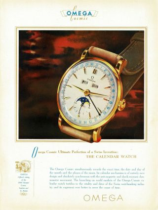 1940s Vintage Omega Cosmic Calendar Watch Art Print Ad