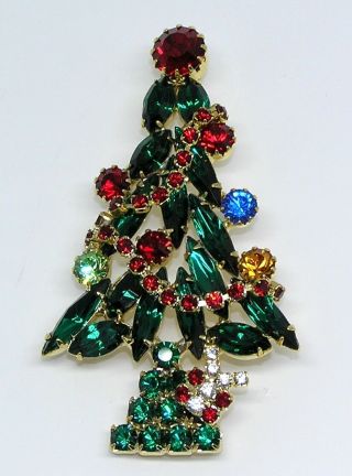 Vintage Christmas Tree Brooch Emerald Green Navettes Red Rhinestone Garland
