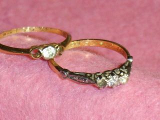 Two Lovely Old Vintage 18 Carat Gold & Diamond Set Rings - For Spare