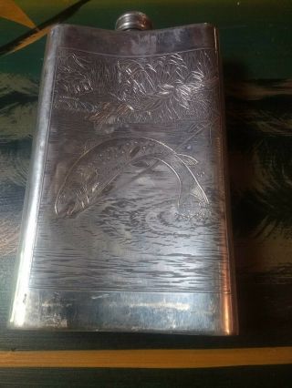 Orvis Metal Hip Flask Sheffield England Etched Fly Fishing 8 Oz Vintage
