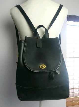 Coach Vintage Black Soft Leather Drawstring Turnlock Backpack 9791 Rare Vgc