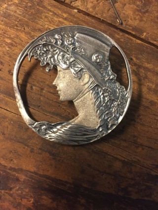 Vtg Sterling Silver Art Nouveau Profile Cameo Lady Face Pendant Necklace