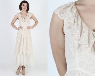 Vintage 70s Sheer Ivory Floral Lace Boho Wedding Bridal Mermaid Maxi Dress S