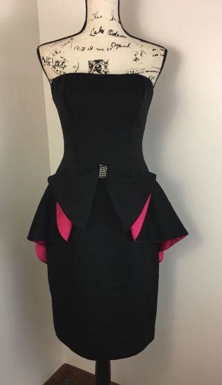Vintage Aj Bari Womens Size 8 Strapless Peplum Party Holiday Dress Black Pink