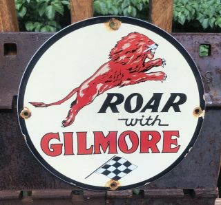 Vintage Gilmore Gasoline Porcelain Gas Sign Metal Motor Oil Pump Plate Lion Roar