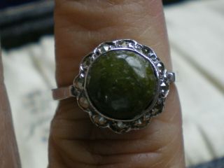 Antique Art Deco Nephrite Jade Marcasite Silver Ring Size M And 1/2