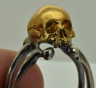 Rare Antique Victorian Memento Mori Skull&bones 18k Gold Plated Silver Ring