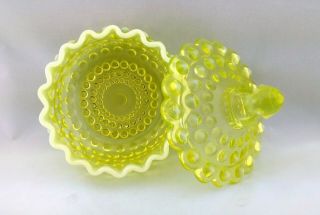 Vintage Fenton Art Glass Topaz Vaseline Opalescent Hobnail Covered Candy Dish
