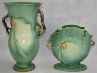 Vintage Roseville Pottery Green Pine Cone Vases 911 - 12 845 - 8