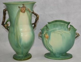 Vintage Roseville Pottery Green Pine Cone Vases 911 - 12 845 - 8 3