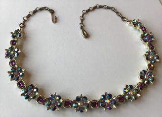 Vintage Lisner Signed Purple And Borealis Rhinestone Flower Necklace