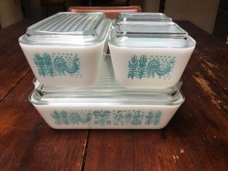Vintage Pyrex Amish Butterprint Refrigerator Dishes 8 - Piece Set Turquoise/white