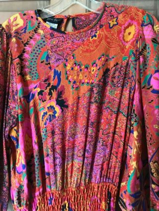 Vintage 100 Silk Multicolor Bouffant Sleeves Diane Freis Dress Sz L 52” Length
