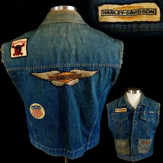 Vintage 1970s 1980s Harley Davidson Biker Denim Club Cut Denim Jacket Vest 40