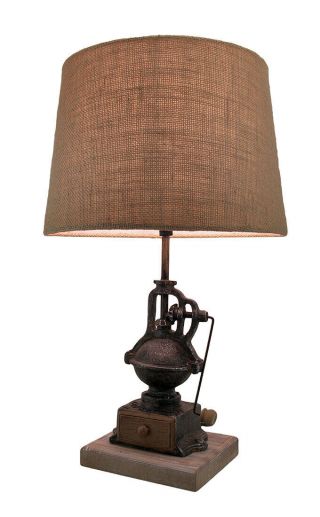 Antique Finish Vintage Coffee Grinder Table Lamp W/burlap Fabric Shade 20 Inch