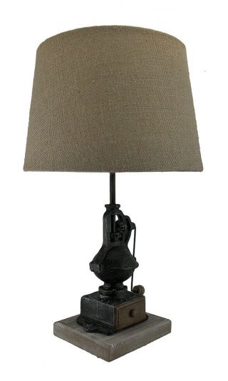 Antique Finish Vintage Coffee Grinder Table Lamp w/Burlap Fabric Shade 20 Inch 2