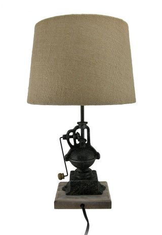 Antique Finish Vintage Coffee Grinder Table Lamp w/Burlap Fabric Shade 20 Inch 3