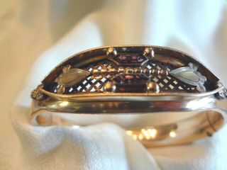 Stunning Antique Victorian Ornate Gold Shell Bangle Bracelet - Amethyst Stones