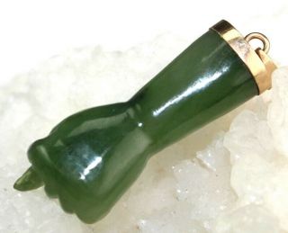 Chinese Export Carved Green Spinach Jade Figa Fist 14k Gold Necklace Pendant Hrw