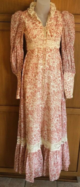 Vtg Gunne Sax Rust Floral Coachella Woodstock Hippie Chic Corset Maxi Dress 1/2