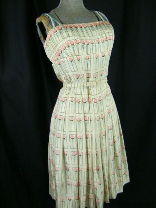 Jerry Parnis York Vtg 50s Cream/pink Roses Printed Pleat Dress - Bust 32/2xs