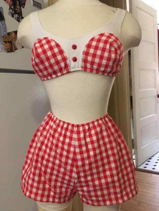 Vintage 50s Sears Swimsuit Red White Checkers 2 Piece 34 Bust Pin Up Rockabilly
