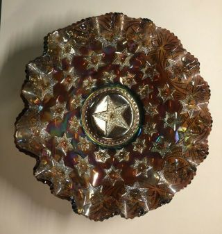 Rare Antique Millersburg Many Stars 10 " Amethyst Carnival Glass Ruffled Bowl