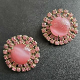 Large Vintage Pink Frosted Glass Flower Rhinestone Clip Earrings N3