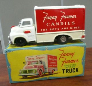 Vtg Yoshi Japan Tin Litho Friction Motor Fanny Farmer Candies Truck W/orig Box