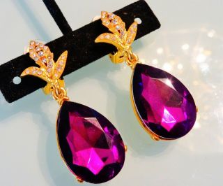 Vtg Oscar De La Renta Usa 2.  2 " Purple Teardrop Glass Jewel Gold Runway Earrings