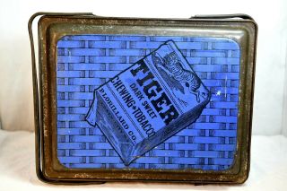 Vintage Tiger Sweet Chewing Tobacco Blue Basket Weave Lithographed Lunchbox Tin