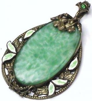 Large Antique Iridescent Mottled Green Peking Art Glass Enamel Leaves Pendant