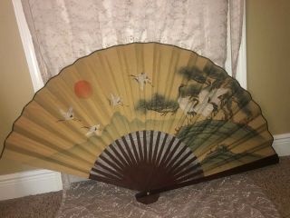 Vtg Asian Wall Fan Birds Floral Painted Paper Oriental Chinese Decor Huge 30x54 "
