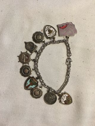 Vintage Sterling Silver & Enamel Charm Bracelet With 10 Charms