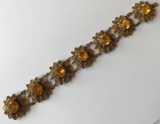 Vintage Art Deco Topaz Rhinestone Filgree Panel Book Chain Bracelet Ls1