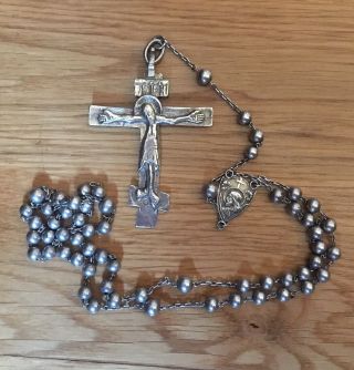 Silver Crucifix With Stylised Christ Figure And Rosary,  Date Mark 1916