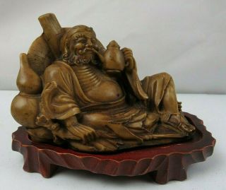 Vintage Brown Resin Heavy Composite Asian Chinese Mudmen Figure On Wood Base