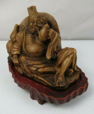 Vintage Brown Resin Heavy Composite Asian Chinese Mudmen Figure on Wood Base 3